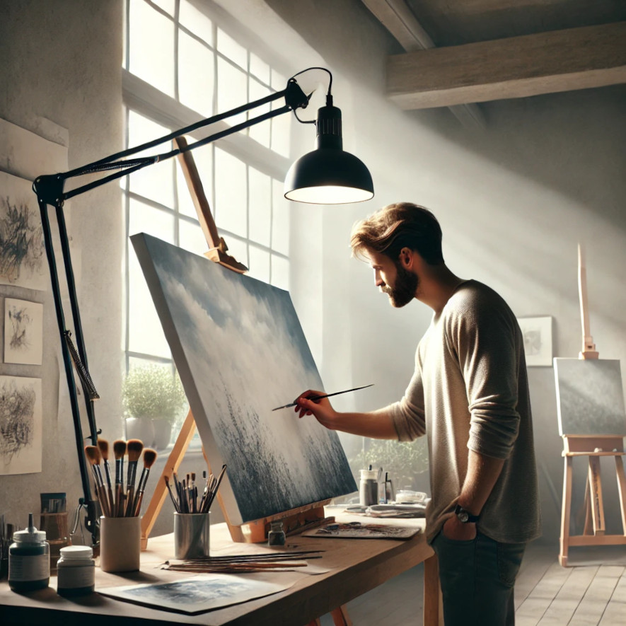 En konstnär jobbar på sin målning med dagsljus och dagsljuslampa